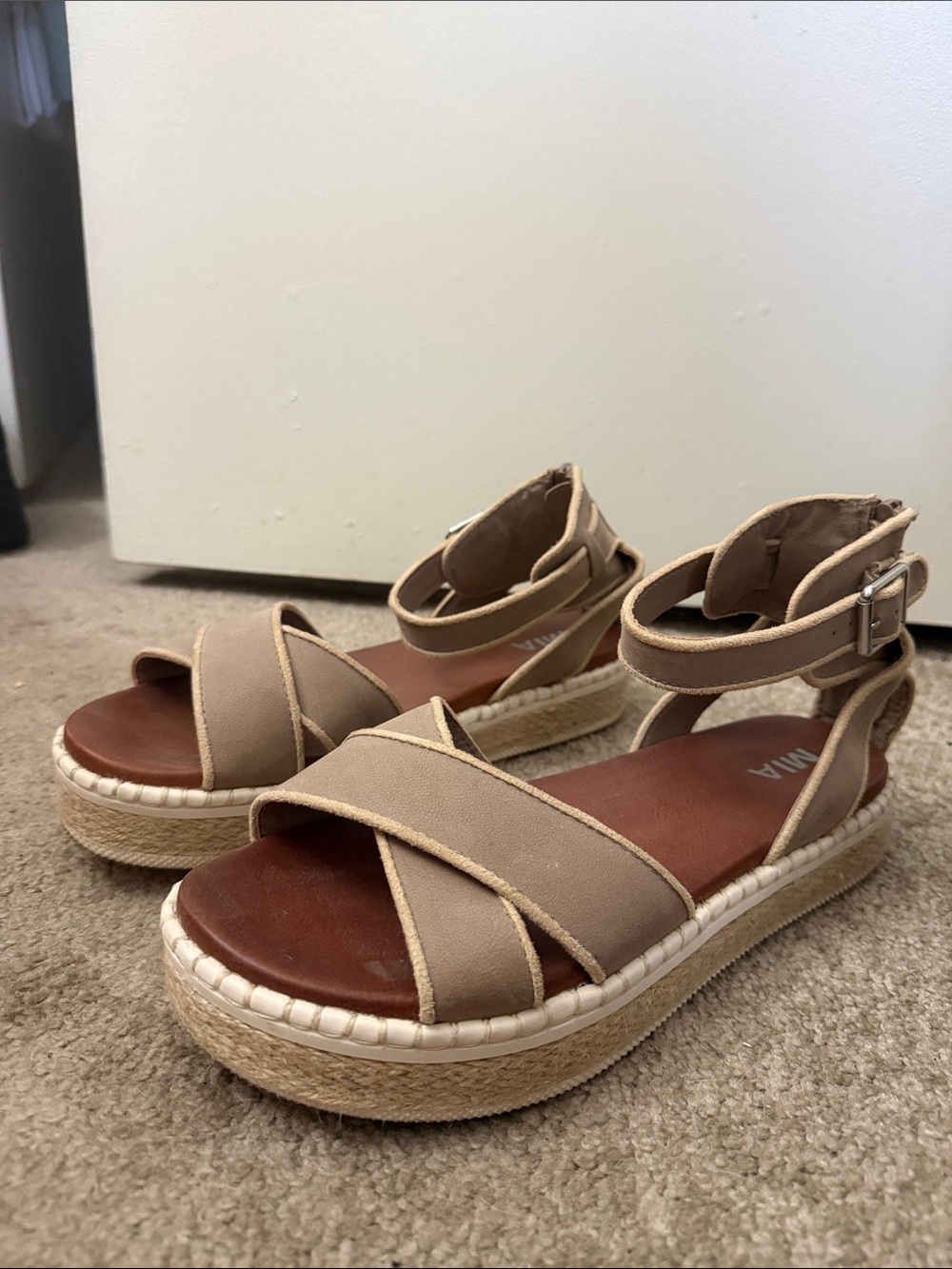 MIA Neutral Tan Crisscross Espadrille Sandals with Ankle Strap